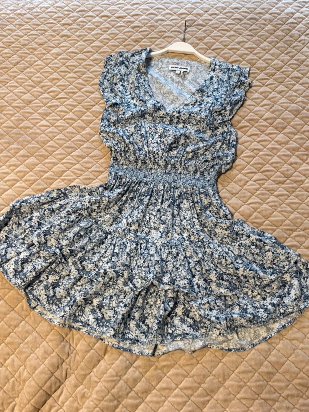 DKNY Blue Floral Tiered Mini Dress Flutter Sleeves Smocked Waist XS